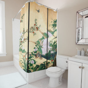 Japan Screen Art Birds Flowers Shower Curtain
