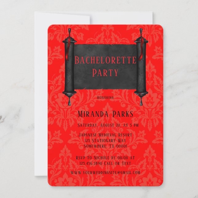 Japan Scroll Red Black Damask Bachelorette Party Invitation (Front)