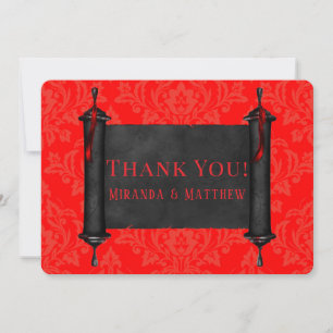 Japan Scroll Red Black Damask Thank You Cards