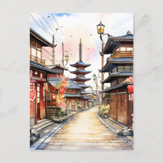 Japan street cozy spring watercolor postcard