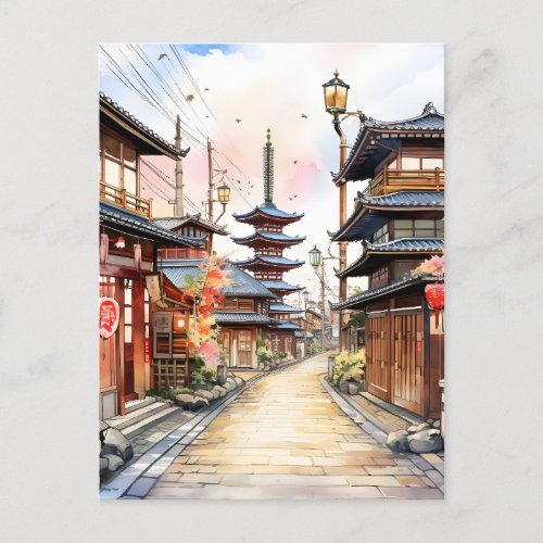 Japan street cozy spring watercolor postcard