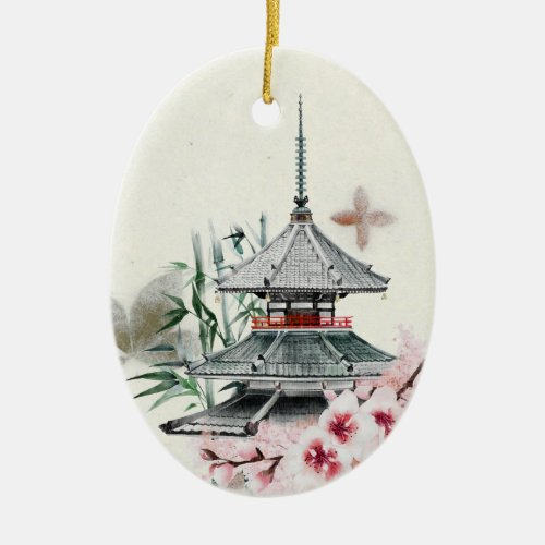 Japan Temple Bamboo Cherry Blossoms Christmas Ceramic Ornament