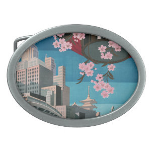 Japan Tokyo Vintage Japanese Travel Poster Oval Belt Buckle