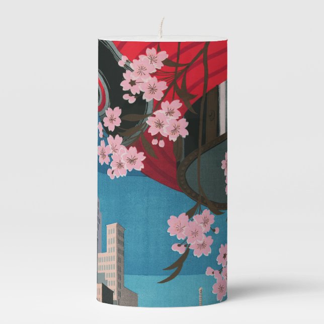 Japan Tokyo Vintage Japanese Travel Poster Pillar Candle (Front)