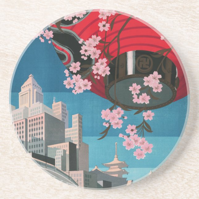 Japan Tokyo Vintage Japanese Travel Poster Sandstone Coaster (Front)