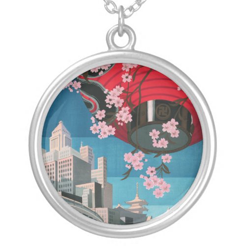 Japan Tokyo Vintage Japanese Travel Poster Silver Plated Necklace