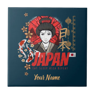 Japan Vintage Geisha with Flag Koi and Lotus Souve Ceramic Tile