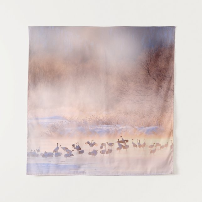 Japan winter nature. Wildlife scene, snowy nature. Tapestry (Front)