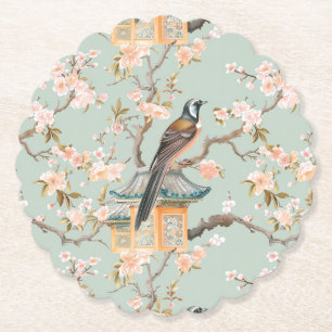 Japandi Bird Cherry Blossoms Paper Coaster