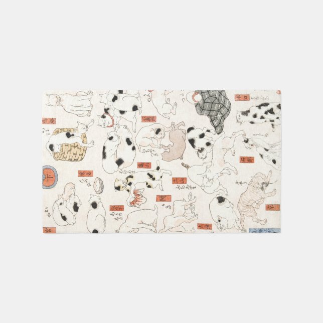 Japandi Cats Vintage Japanese Cat Woodblock Boho Rug (Front)