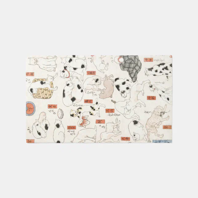 Japandi Cats Vintage Japanese Cat Woodblock Boho Rug | Zazzle