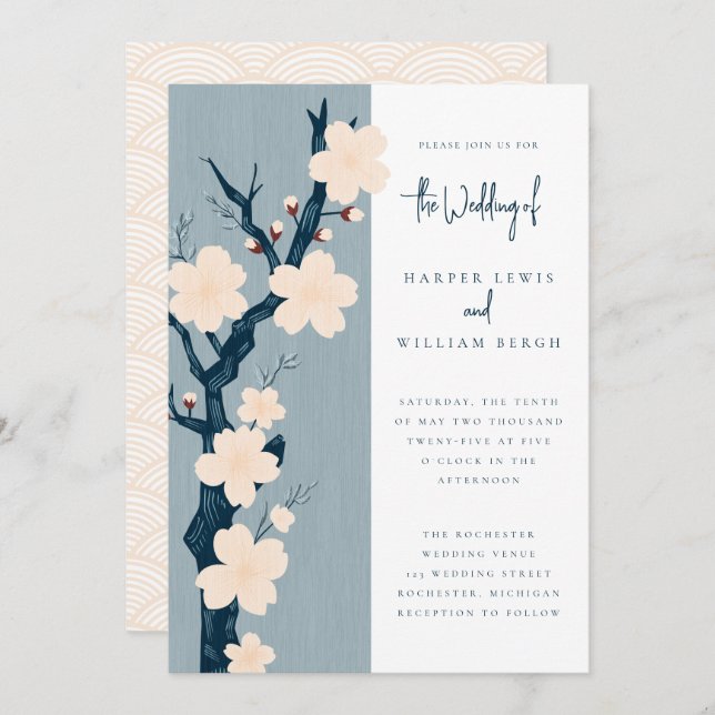 Japandi cherry blossom wedding invitation (Front/Back)