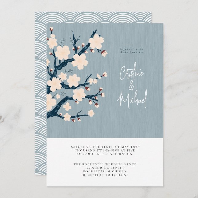 Japandi cherry tree wedding invitation (Front/Back)