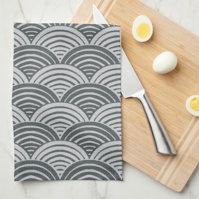 Japandi Farmhouse Gray Monochromatic Waves Scallop Kitchen Towel (Quarter Fold)