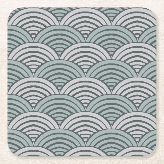 Japandi Farmhouse Gray Waves Hand Drawn Scallop Square Paper Coaster (Front)