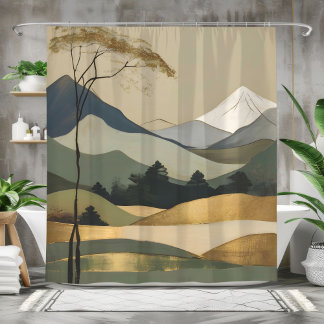 Japandi Gold & Green Mountain Landscape Shower Curtain