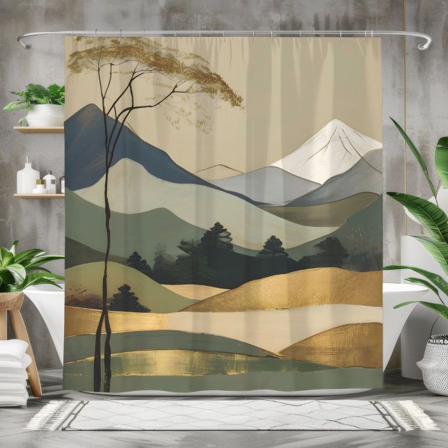 Japandi Gold & Green Mountain Landscape Shower Curtain (Creator Uploaded)