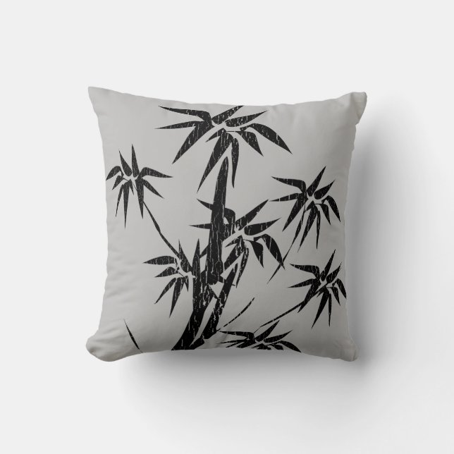 Japandi Grey and Black with Palm Trees Throw Pillow (Front)