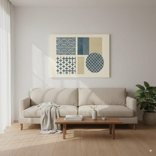 Japandi Indigo & Beige Japanese Patterns Art Canvas Print (Creator Uploaded)