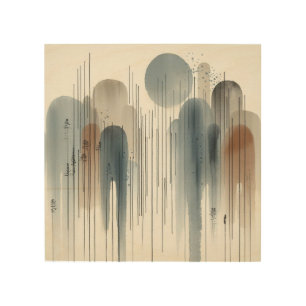 Japandi Ink Rainfall on Natural Wood Wall Art