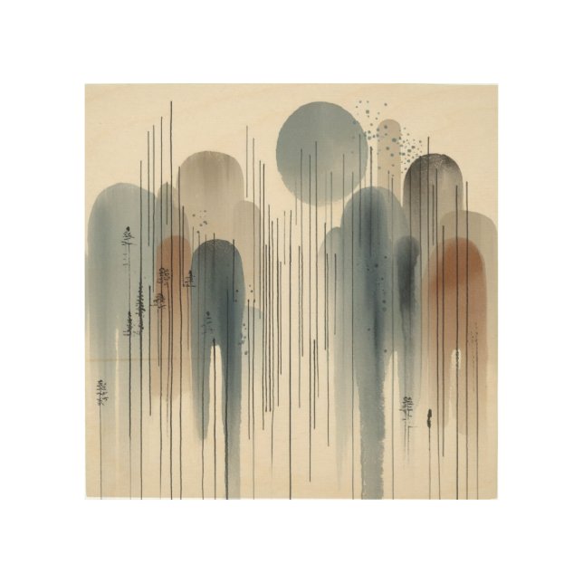 Japandi Ink Rainfall on Natural Wood Wall Art (Front)