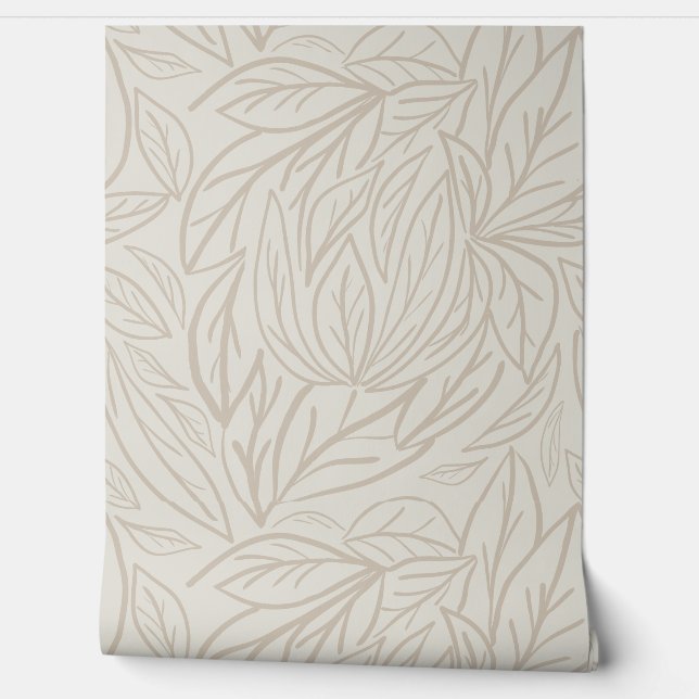 Japandi Line art leaves minimal neutral beige Wallpaper (Unrolling)