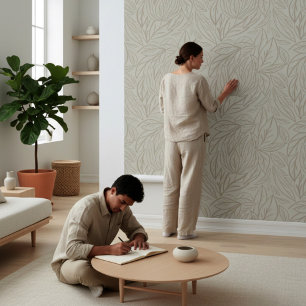 Japandi Line art leaves minimal neutral beige Wallpaper
