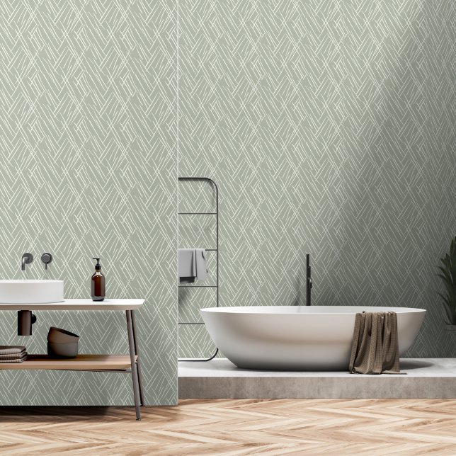 Japandi style sage herbal elements wallpaper (Bathroom)