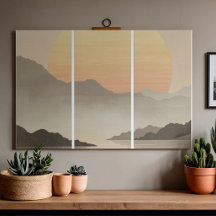 Japandi Sunset Mountain Triptych Wall Art Canvas