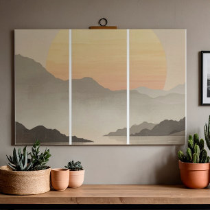 Japandi Sunset Mountain Triptych Wall Art Canvas