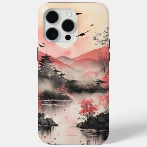 Japandi Watercolour Style Waterscape Scenery  iPhone 15 Pro Max Case