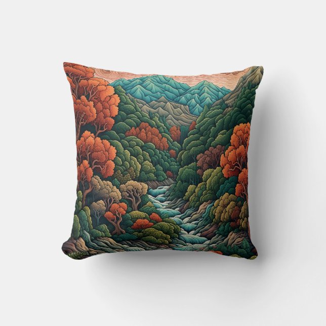 Japanese Abstract Landscape Throw Pillow (Front)