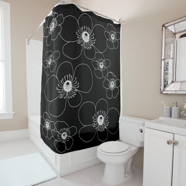Japanese Anemones on Black Duvet Cover Shower Curtain (In Situ)