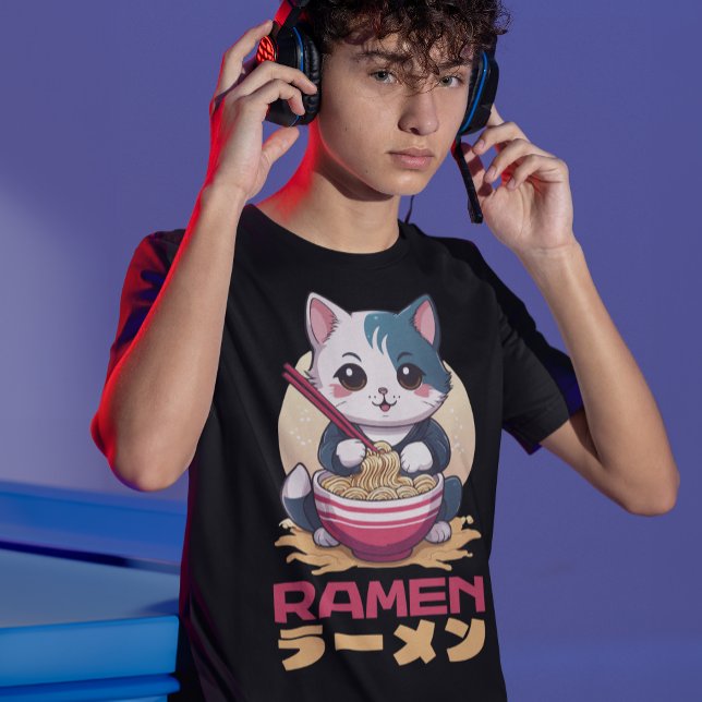 Japanese Anime Cat Eating Ramen Noodles T-Shirt (Creator Uploaded)