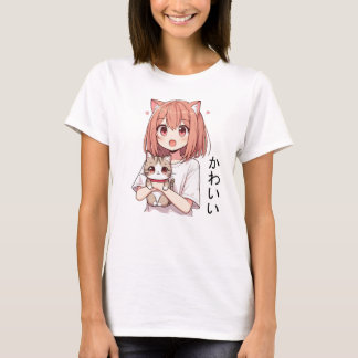 Japanese Anime Cute Girl and Cat  T-Shirt