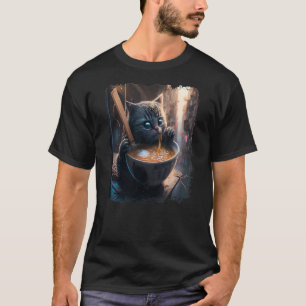 Japanese anime cyberpunk kawaii cat eating tonkots T-Shirt