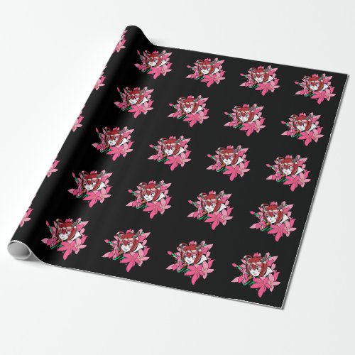 Japanese Anime Girl Demon Aesthetic Flowers Wrapping Paper