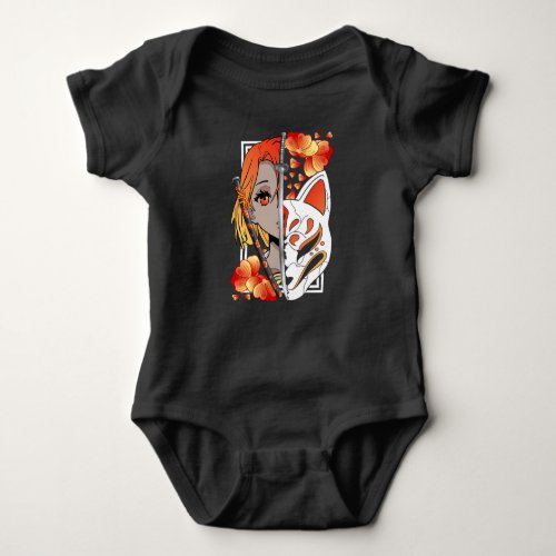 Japanese Anime Girl Mask Samurai Sword Flowers Baby Bodysuit