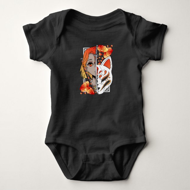 Japanese Anime Girl Mask Samurai Sword Flowers Baby Bodysuit (Front)