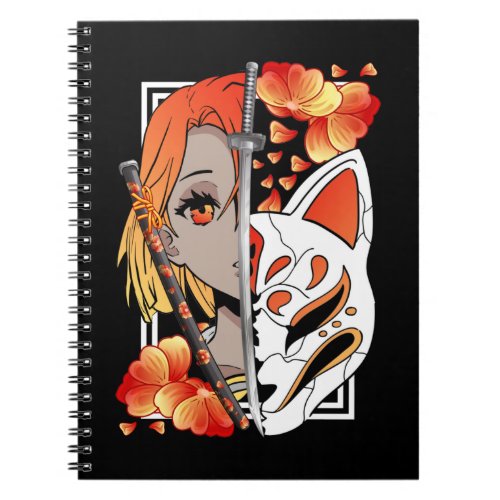 Japanese Anime Girl Mask Samurai Sword Flowers Notebook