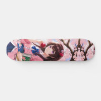 Japanese Anime Girl Under A Cherry Blossom Tree Skateboard