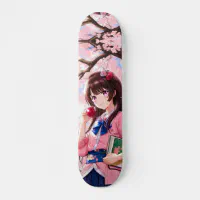 Anime girl with blue hair and a red scarf skateboarding, animes de  skateboarding 