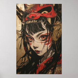 Japanese Anime Girl with Red and Gold Oni Mask Pos Poster