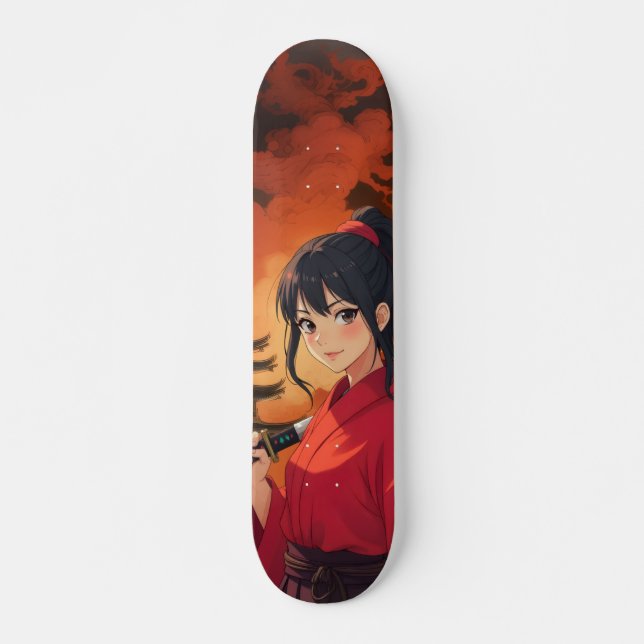 Japanese Anime Samurai Temple on Fire Skateboard (Front)
