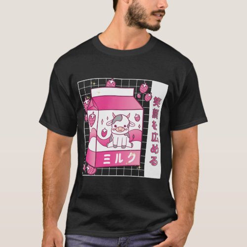 Japanese Anime Strawberry Milk Carton Cute Cow T_Shirt