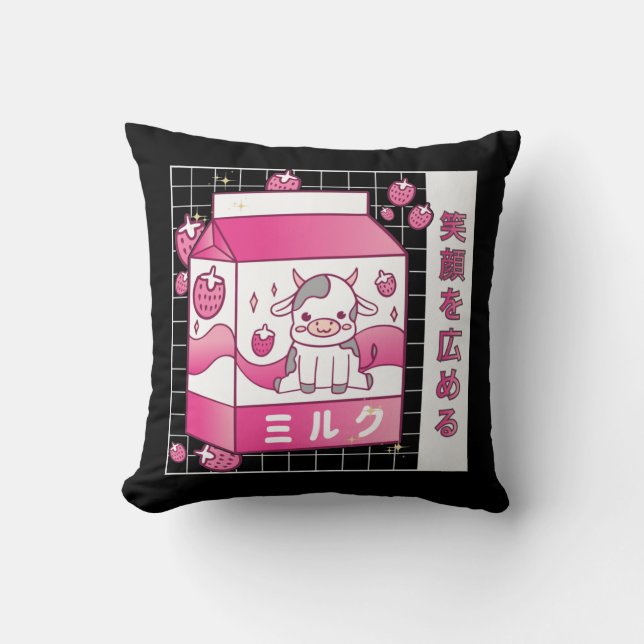 Japanese Anime Strawberry Milk Carton Cute Cow Throw Pillow (Front)