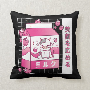 Japanese Anime Strawberry Milk Carton Cute Cow Throw Pillow