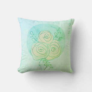 Japanese aqua rose line art throw pillow