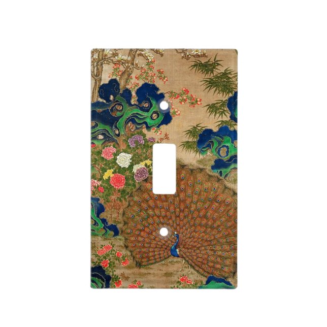 Japanese Art 17th Century Peacock and Flowers Light Switch Cover (Front)