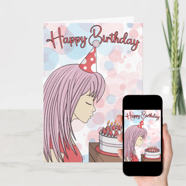 Japanese Art Anime Girl Happy Birthday Card Zazzle